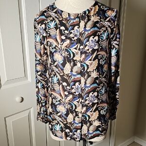 J. McLaughlin Size Small. Lorinda Floral Bird, Pinapple Print Blouse. Silk Blend